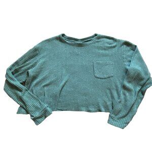 Wild Fable Womens Waffle Knit Cropped Long Sleeve Shirt-Green-M-GUC
